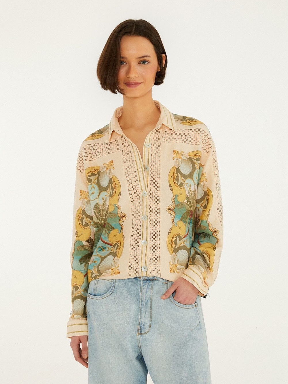 FARM Rio Cream Royal sea crochet shirt